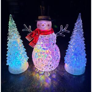 Multicolor LED Clear Acrylic 8.5” Snowman & 2 Color Changing Christmas Trees